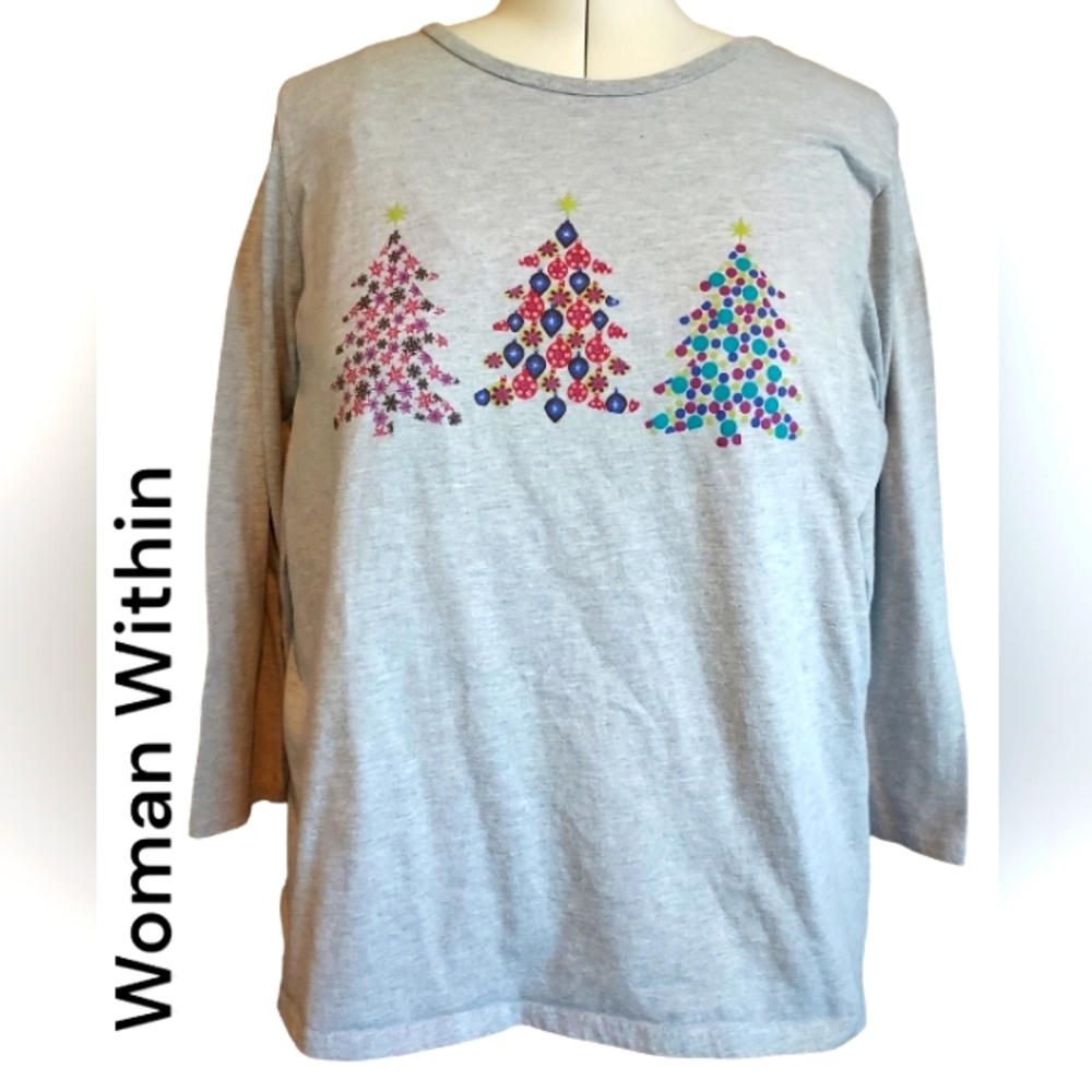 Woman Within soft gray, long-sleeved t-shirt with three Christmas trees, size 2X